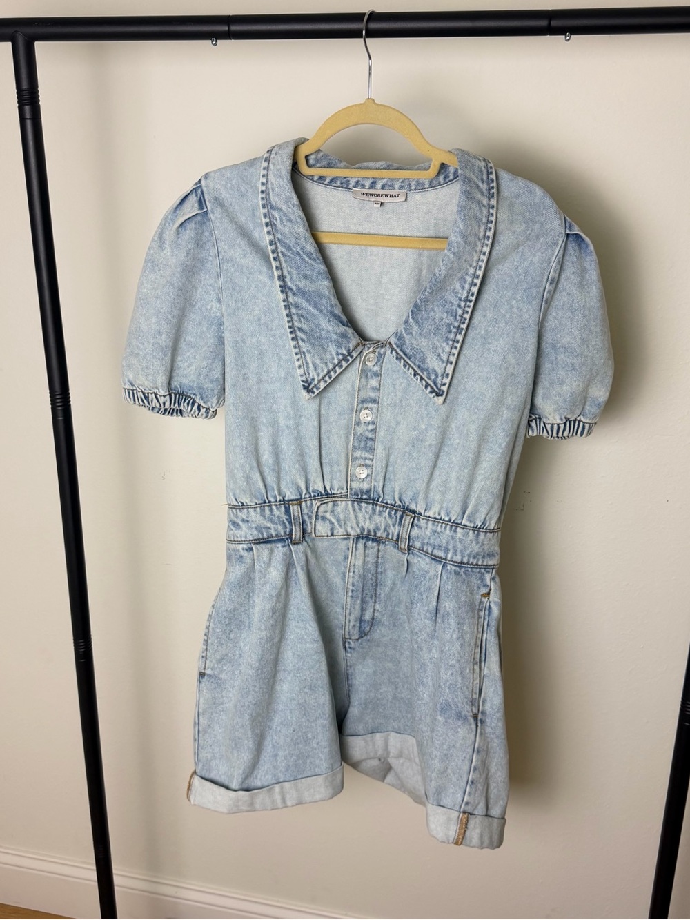 WeWoreWhat Light Blue Acid Wash Denim Romper with Puff Sleeves